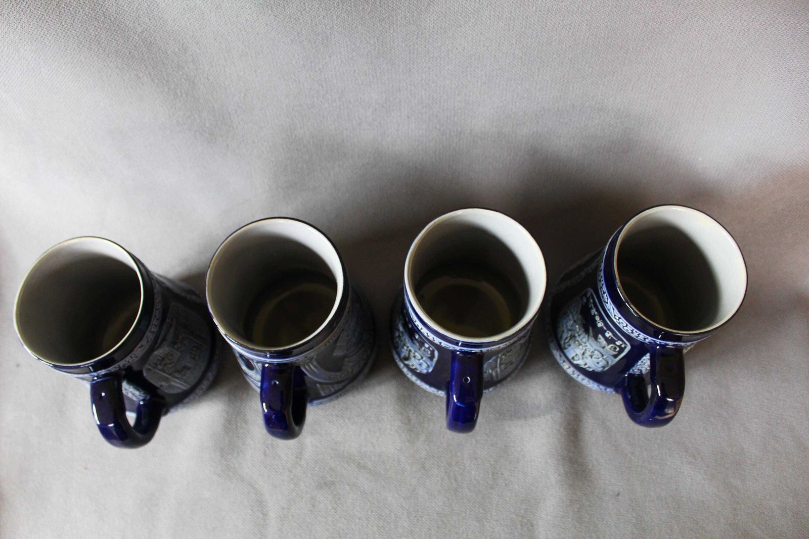 Four Vintage Marzi Remy Mr Steins, Tankard Beer German, Salt Glaze Blue, 1979 Mens Agitat Molem Einstein Otto, 1976 Hans Sachs Commemorative photo vinterior