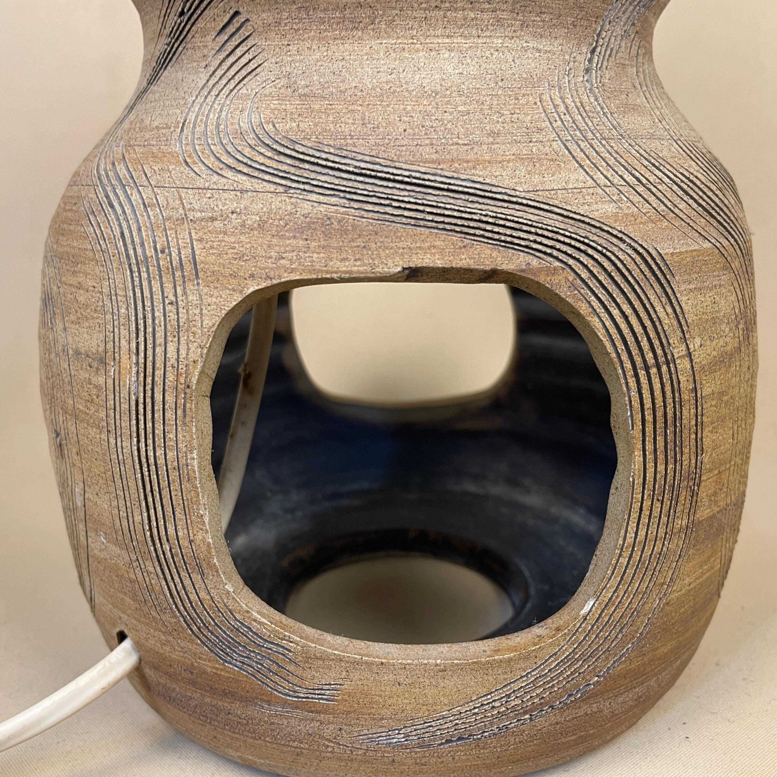 Vintage Ceramic Lamp Light Bedside Table Abstract Pattern Brown Earthy Retro Side Antique Clay Pottery Handmade Vase Medium Classic Holes photo buy