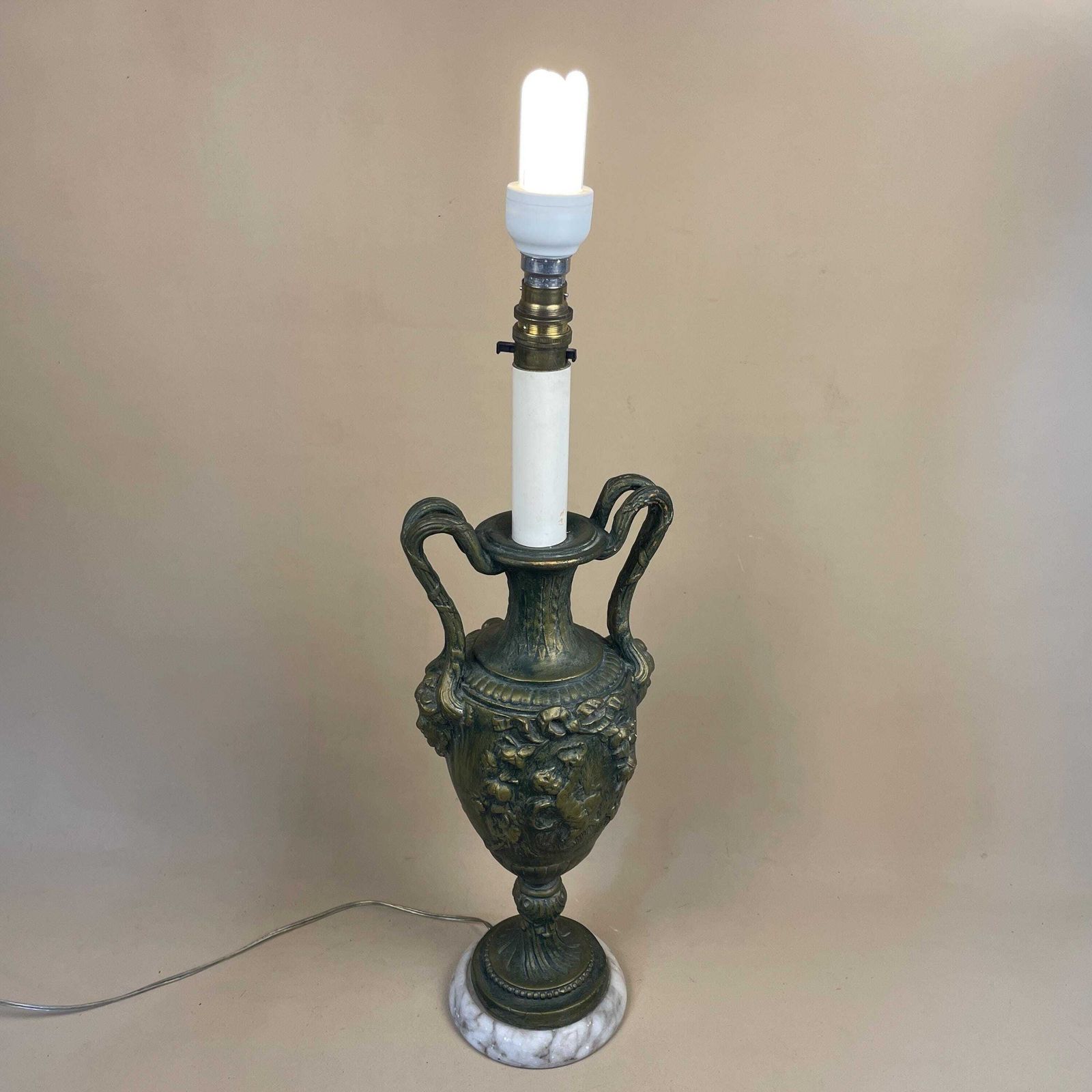 photo furniture Antique Onyx Marble Brass Gold Lamp Bedside Table Desk Vintage Medium Side Light Column Ornate Detail Handles Vase White Marble Base Cherubs