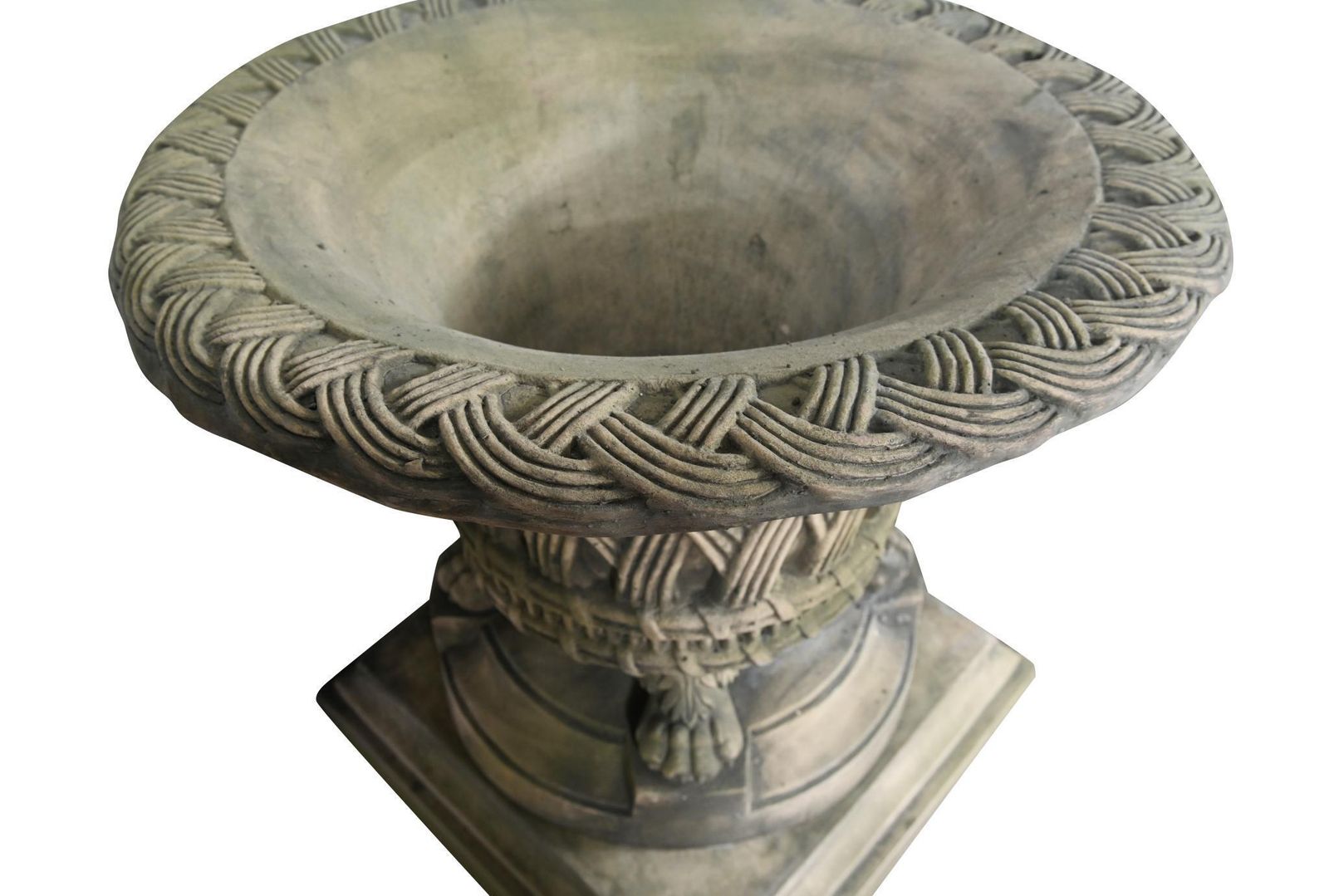 photo for sale Pair English Stone Garden Planters Gothic Basket Weave Urns