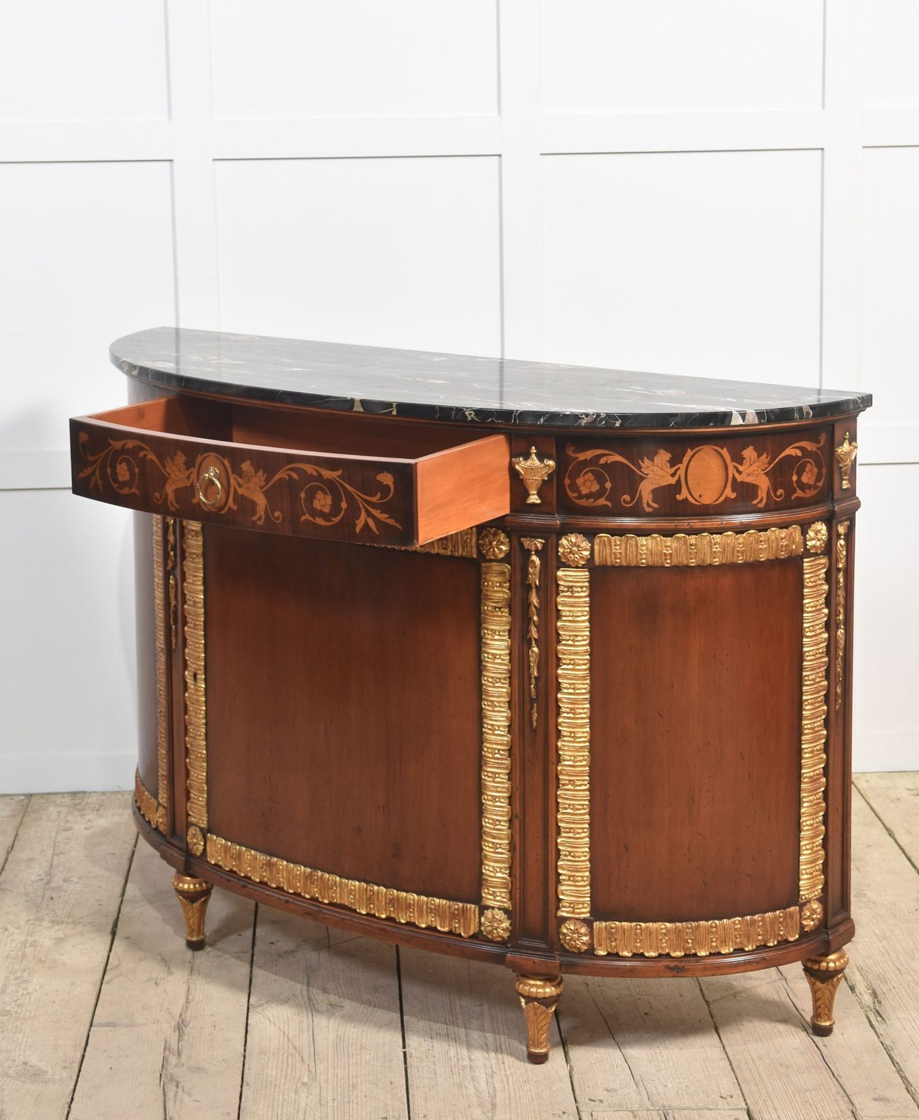 Italian Marquetry And Mahogany Parcel Gilt Bow Front Cabinet photo Furniture