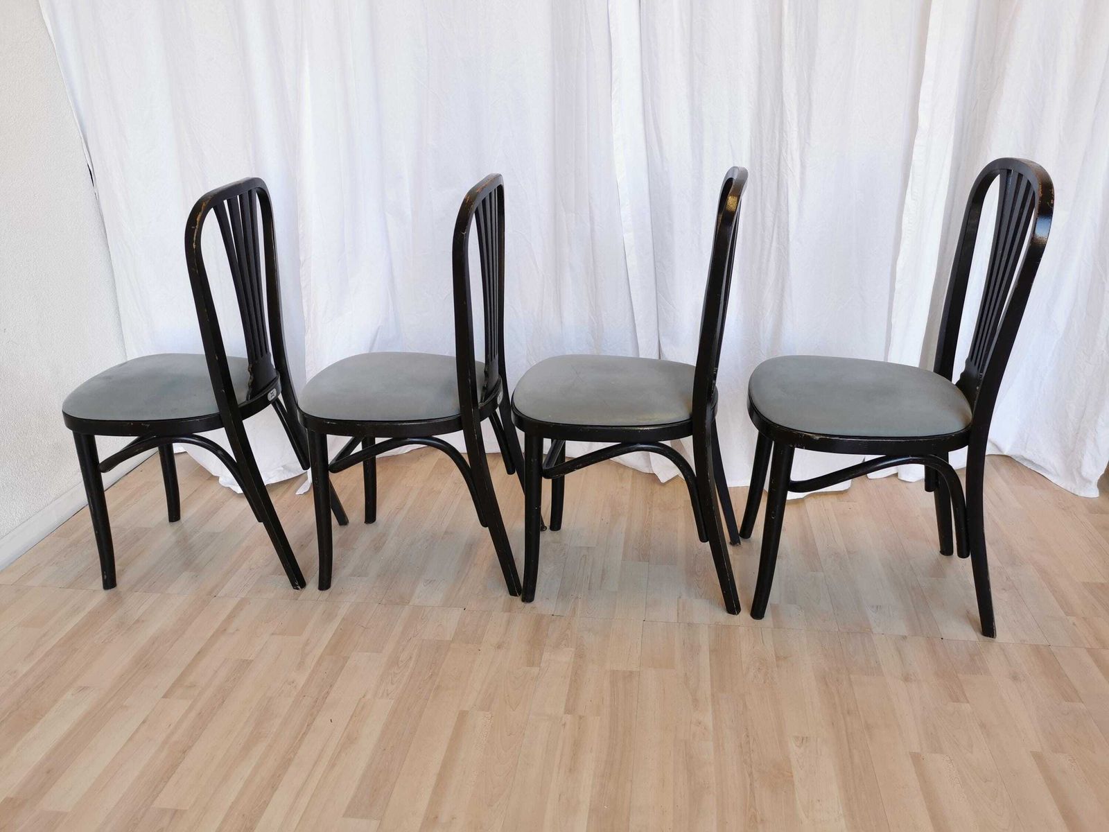 Set Of 4 Vintage Dining Chairs By Stol Kamnik Original / 1970s Yugoslavia / Mid Century Black Wooden Dine Chair With Gray Fabric Seat photo buy