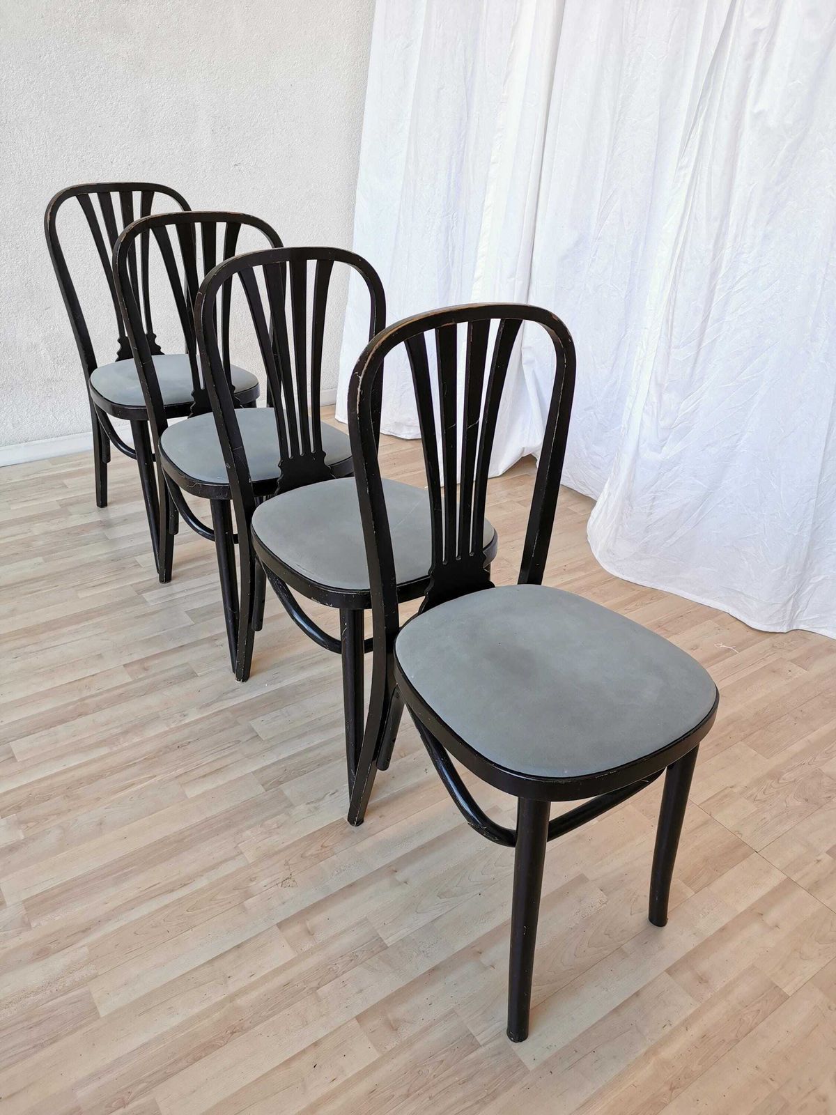 photo furniture Set Of 4 Vintage Dining Chairs By Stol Kamnik Original / 1970s Yugoslavia / Mid Century Black Wooden Dine Chair With Gray Fabric Seat