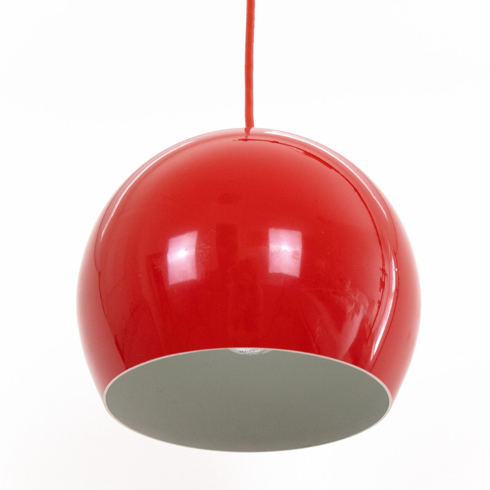 Danish Space Age Ball Pendant Light In Glossy Red, 1960s photo vinterior