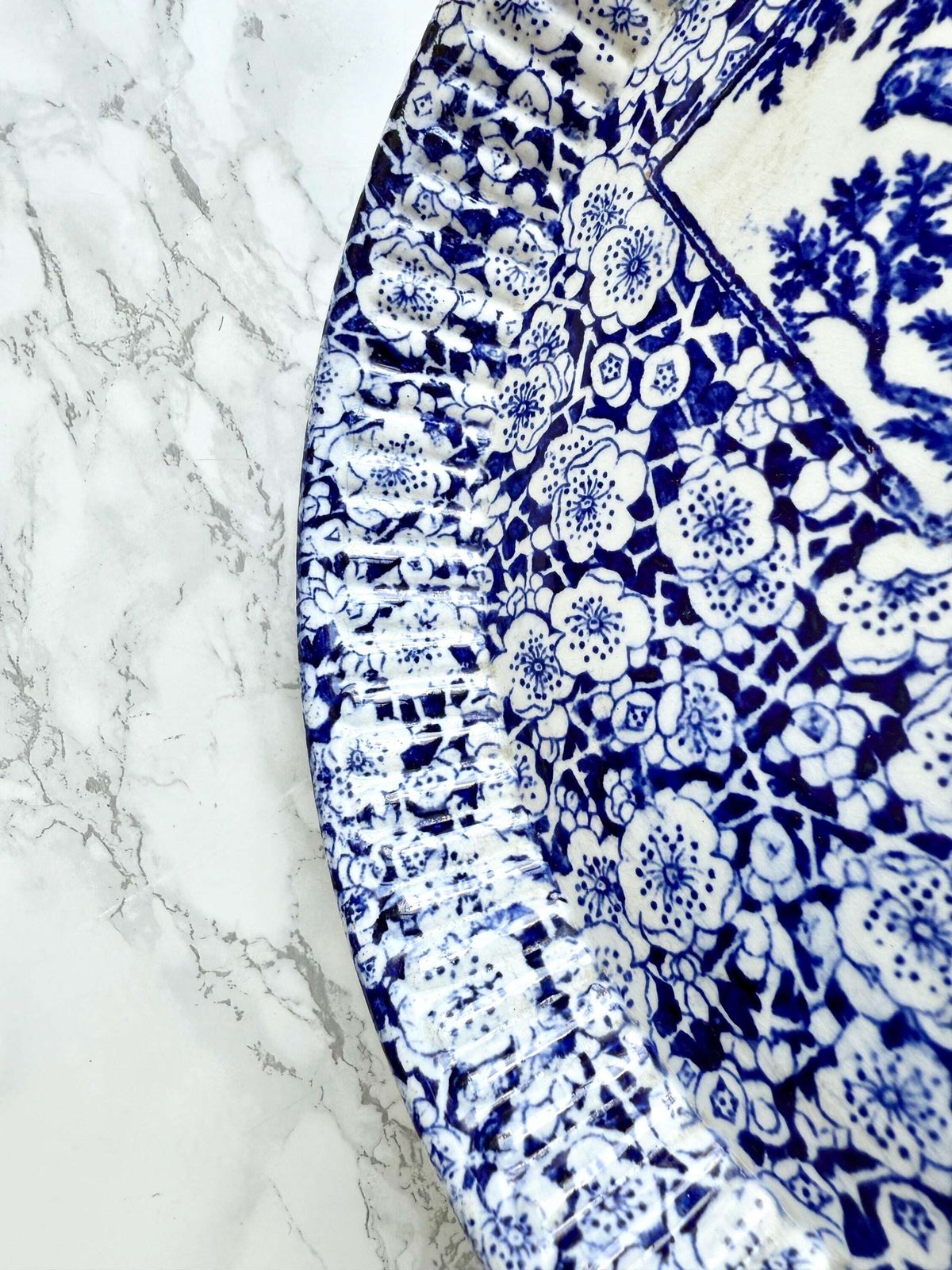 Antique Blue White Bread And Butter Dish Bird Aesthetic Movement Chintz Gilded Round Bread Dish Centrepiece Fruit Bowl Floral 1800 photo for sale