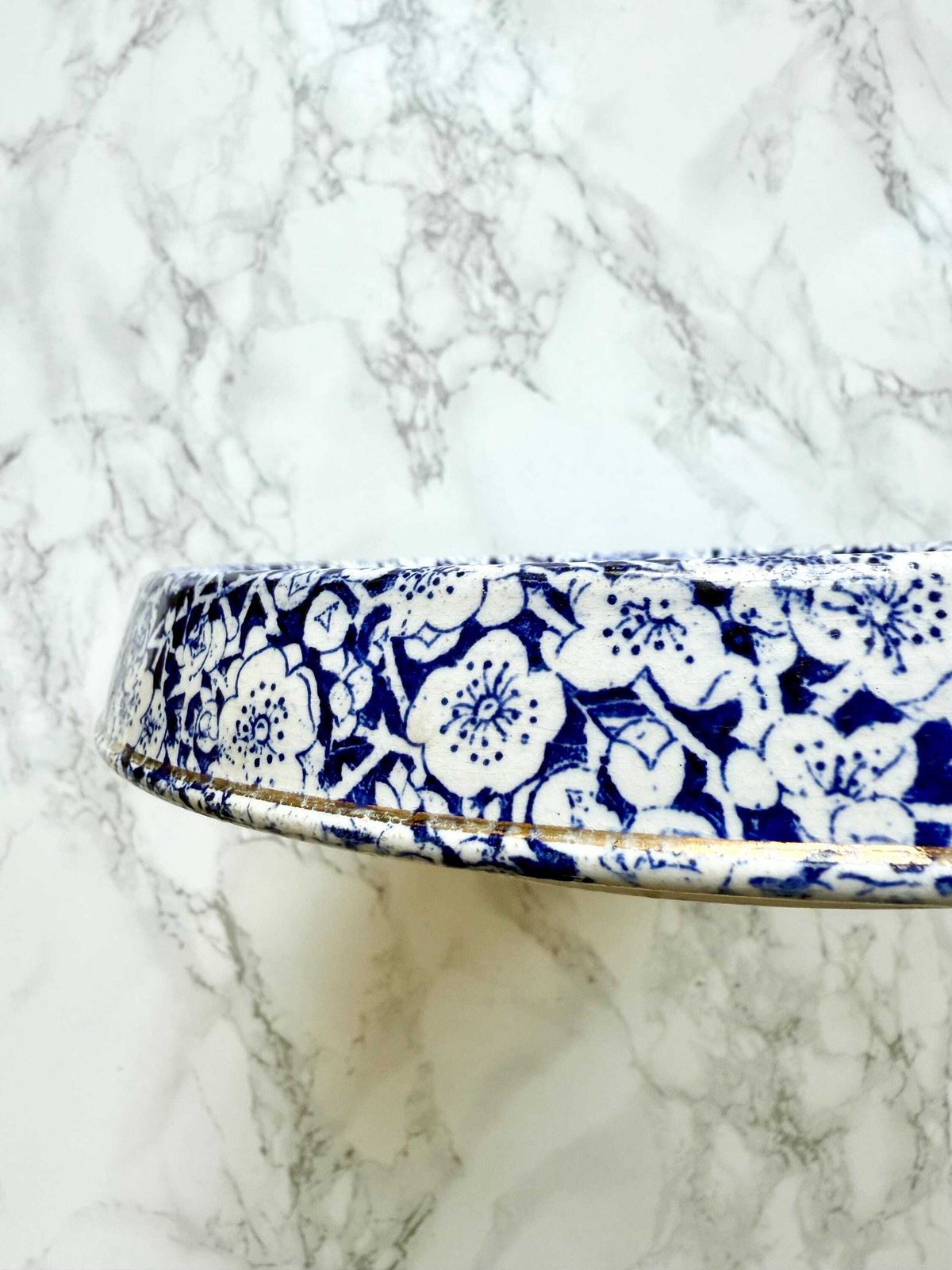 Antique Blue White Bread And Butter Dish Bird Aesthetic Movement Chintz Gilded Round Bread Dish Centrepiece Fruit Bowl Floral 1800 photo buy