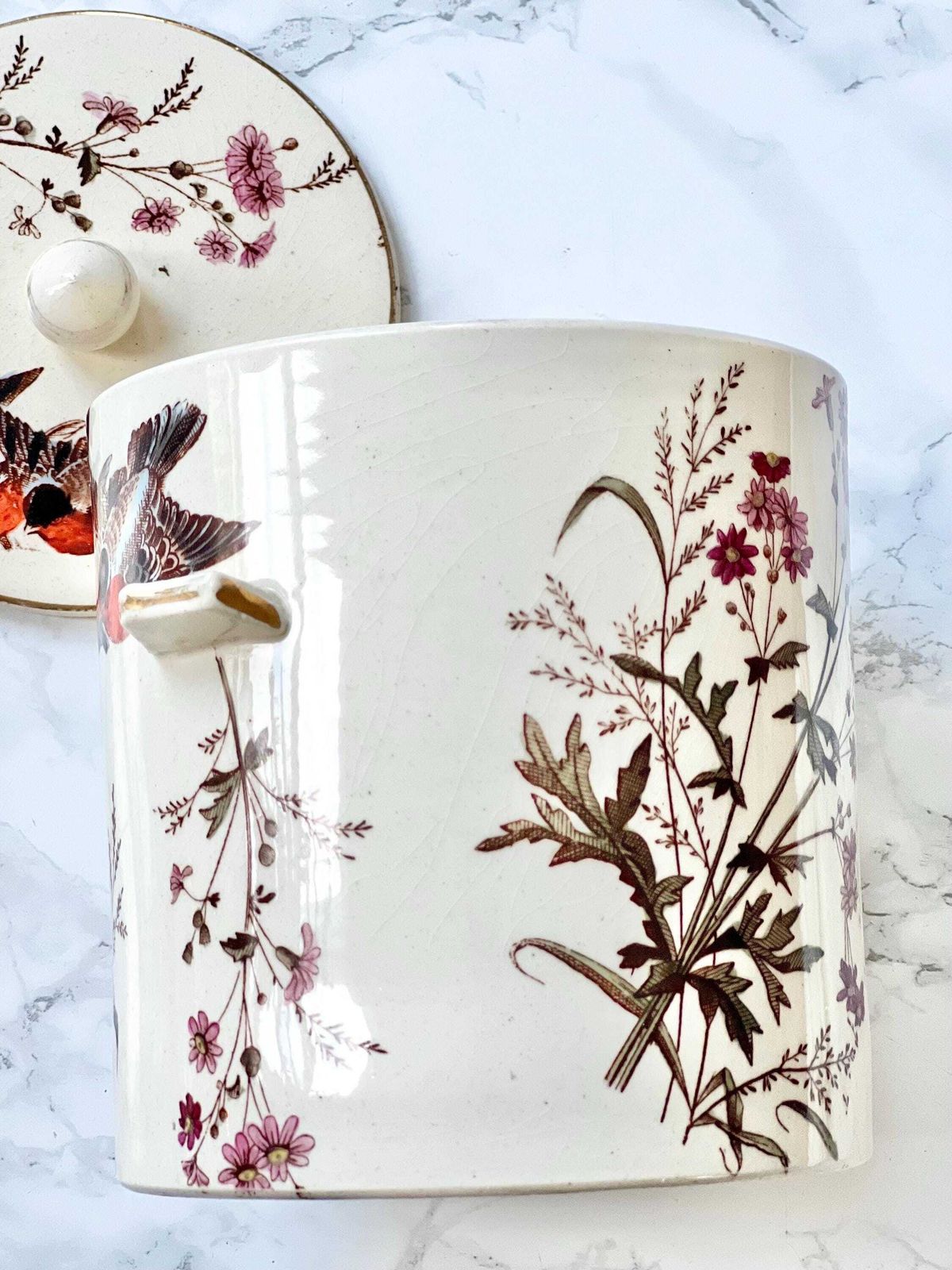 Victorian Biscuit Barrel Lidded Antique Hand Painted Bird Pattern Bone China Storage Kitchen Shelve Decor Aesthetic Movement Rare photo buy