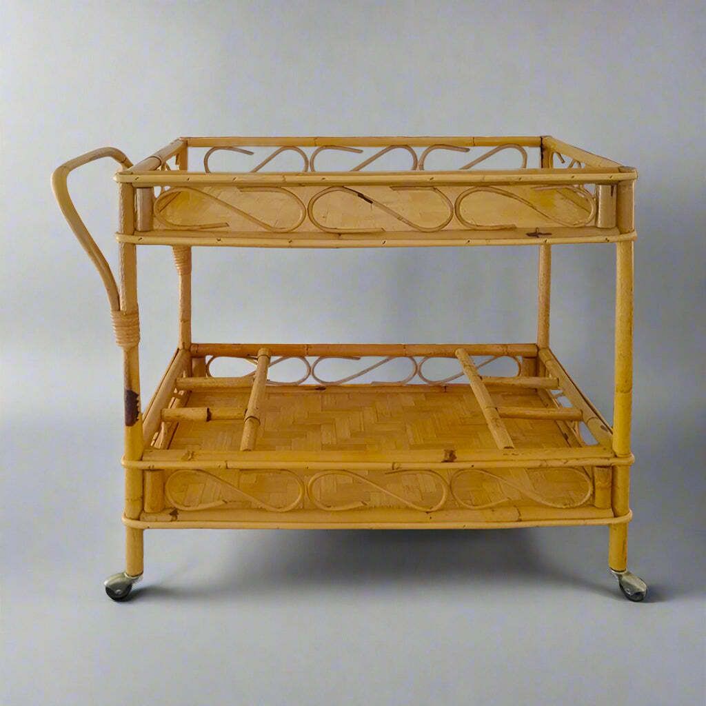 1960s Gorgeous And Elegant Serving Bar Cart In Bamboo & Rattan By Franco Albini. Made In Italy photo furniture