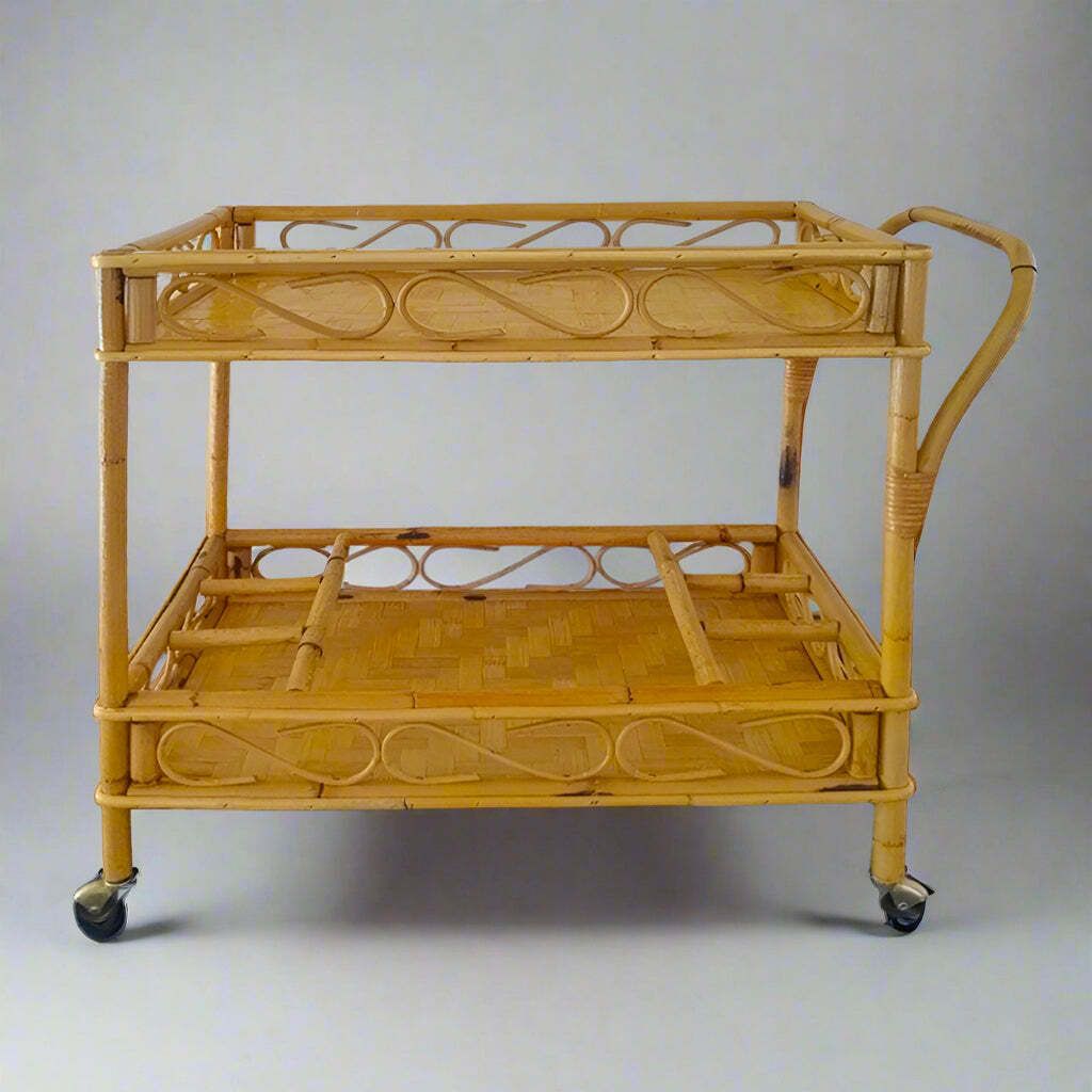 1960s Gorgeous And Elegant Serving Bar Cart In Bamboo & Rattan By Franco Albini. Made In Italy photo for sale