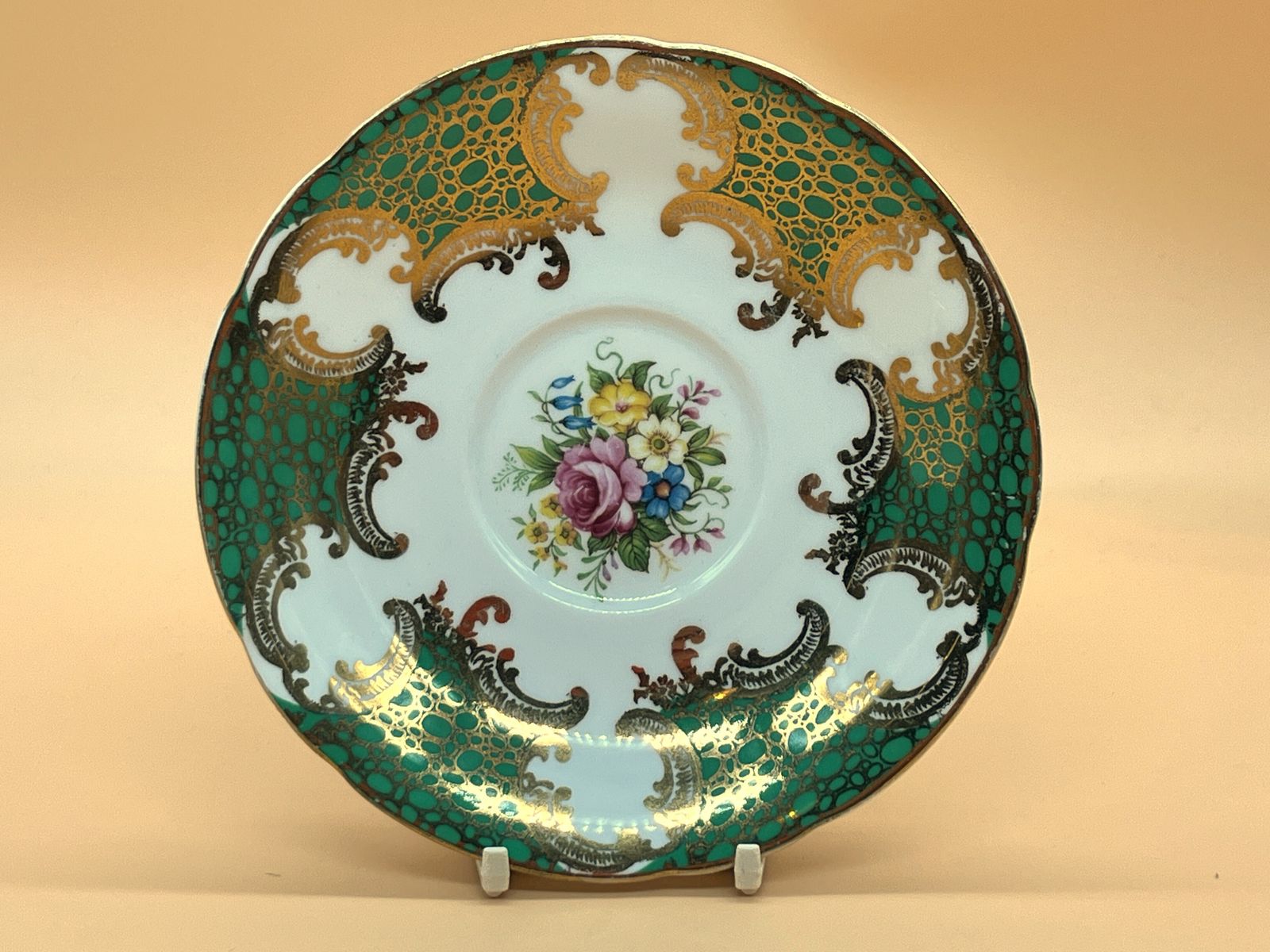 Vintage Paragon China Green And Gold With Pink Chintz Centre Tea Cup And Saucer Duo. No. 3214. photo furniture