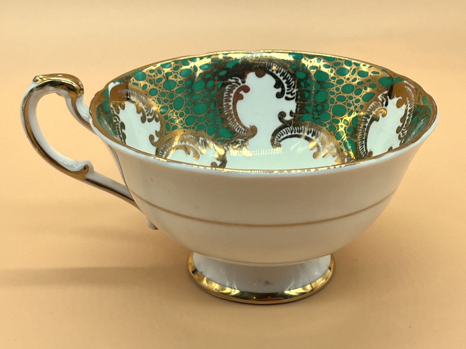 Vintage Paragon China Green And Gold With Pink Chintz Centre Tea Cup And Saucer Duo. No. 3214. photo vintage