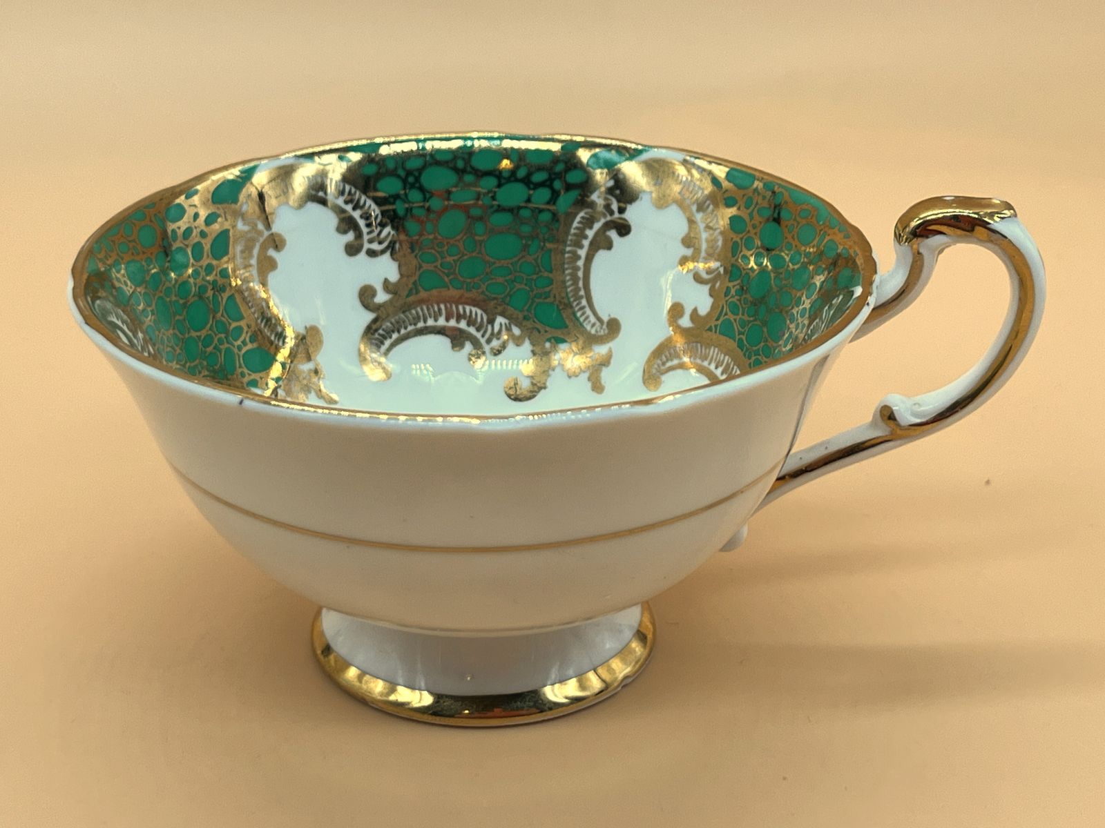photo furniture Vintage Paragon China Green And Gold With Pink Chintz Centre Tea Cup And Saucer Duo. No. 3214.