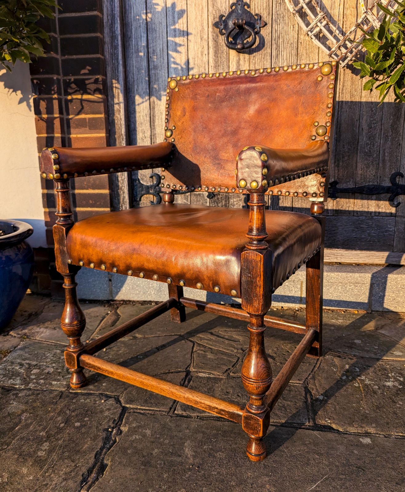 Leather & Oak Studded Antique Armchair | Spanish Mediterranean Style Captain's Chair