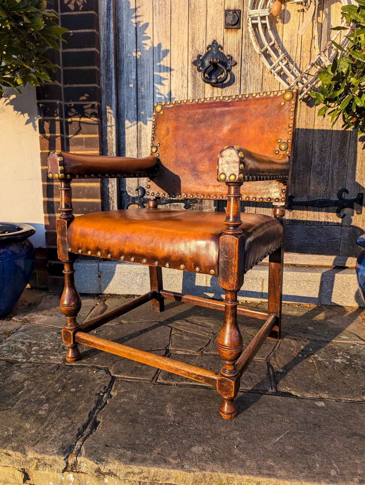 photo vintage Leather & Oak Studded Antique Armchair | Spanish Mediterranean Style Captain's Chair