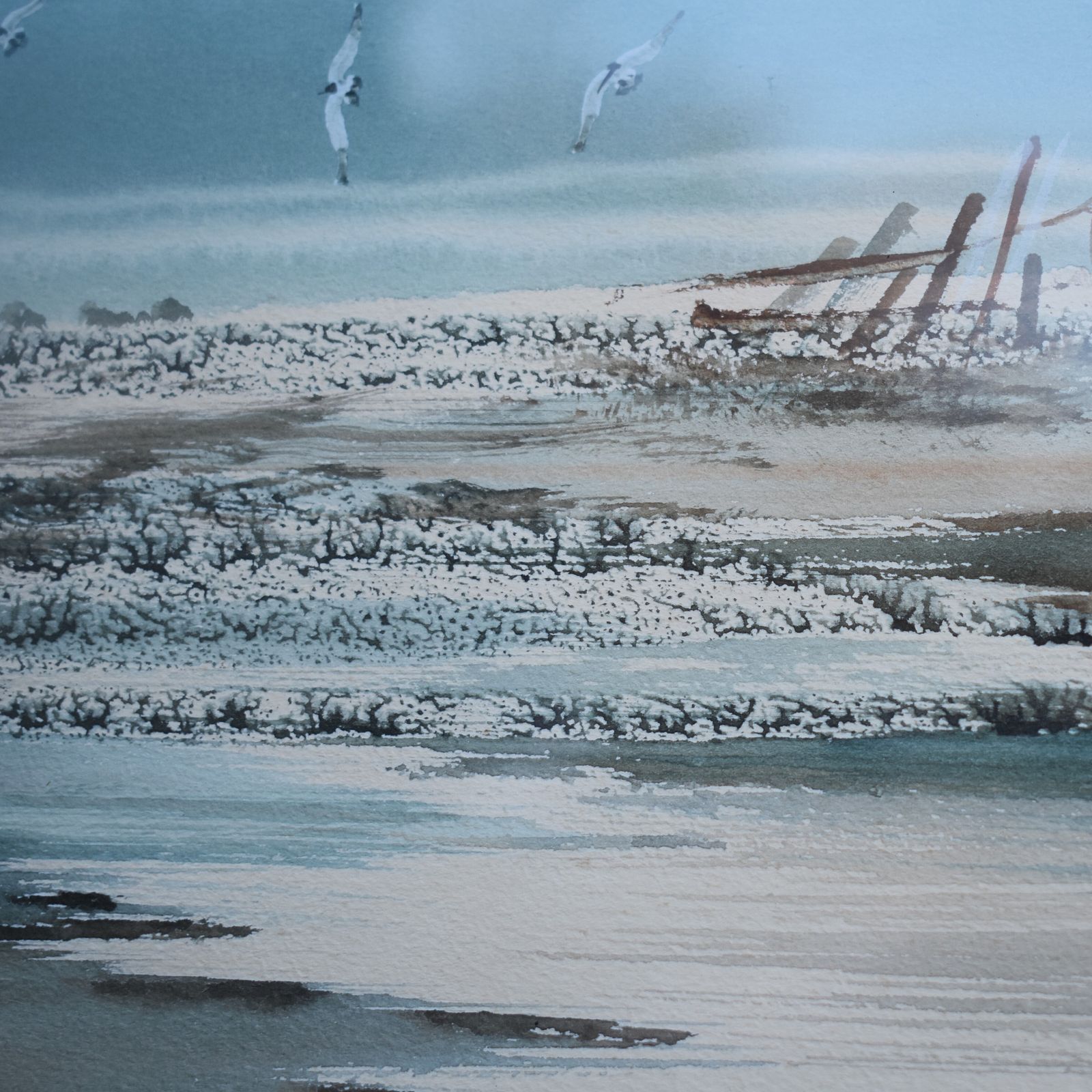 Vintage J. Marn Blue Seascape Costal Sailboat Seagulls Watercolour Signed Pair photo vintage