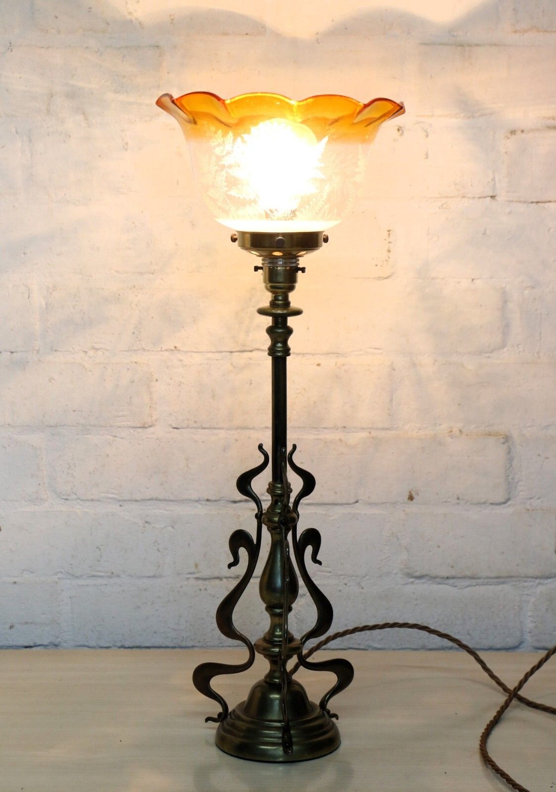 Table Lamp Art Nouveau Antique Lamp Brass With Period Shade Amber Rim And Etched photo furniture