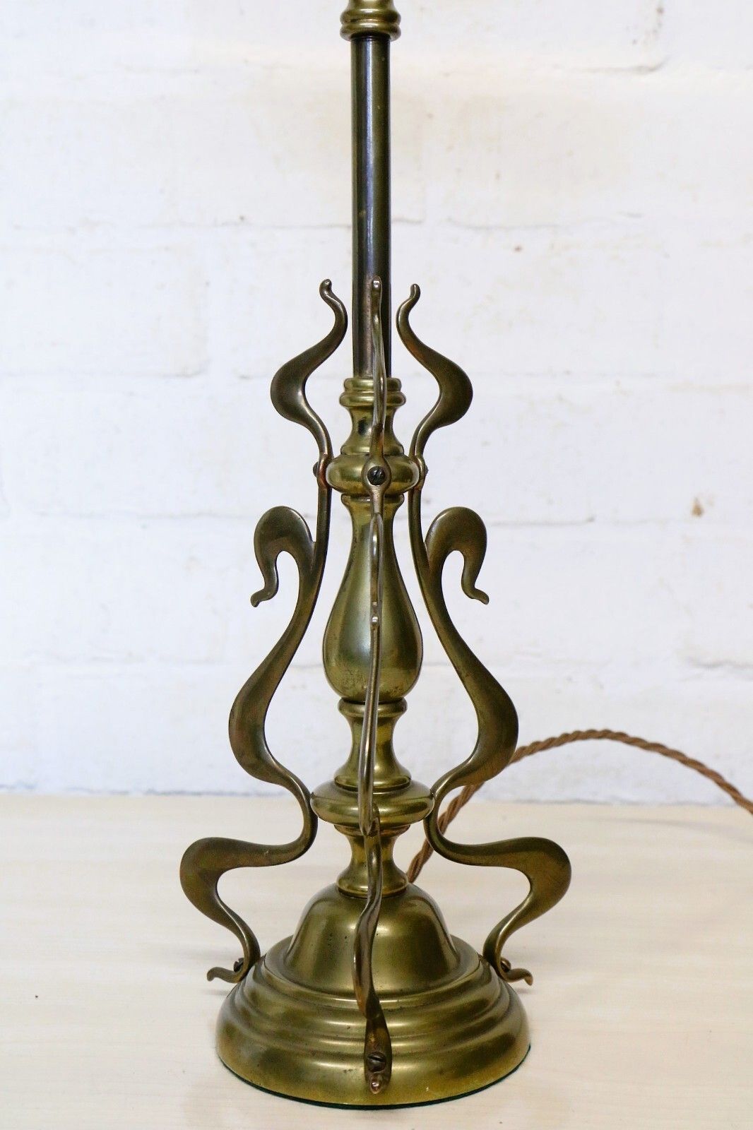 Table Lamp Art Nouveau Antique Lamp Brass With Period Shade Amber Rim And Etched photo vintage