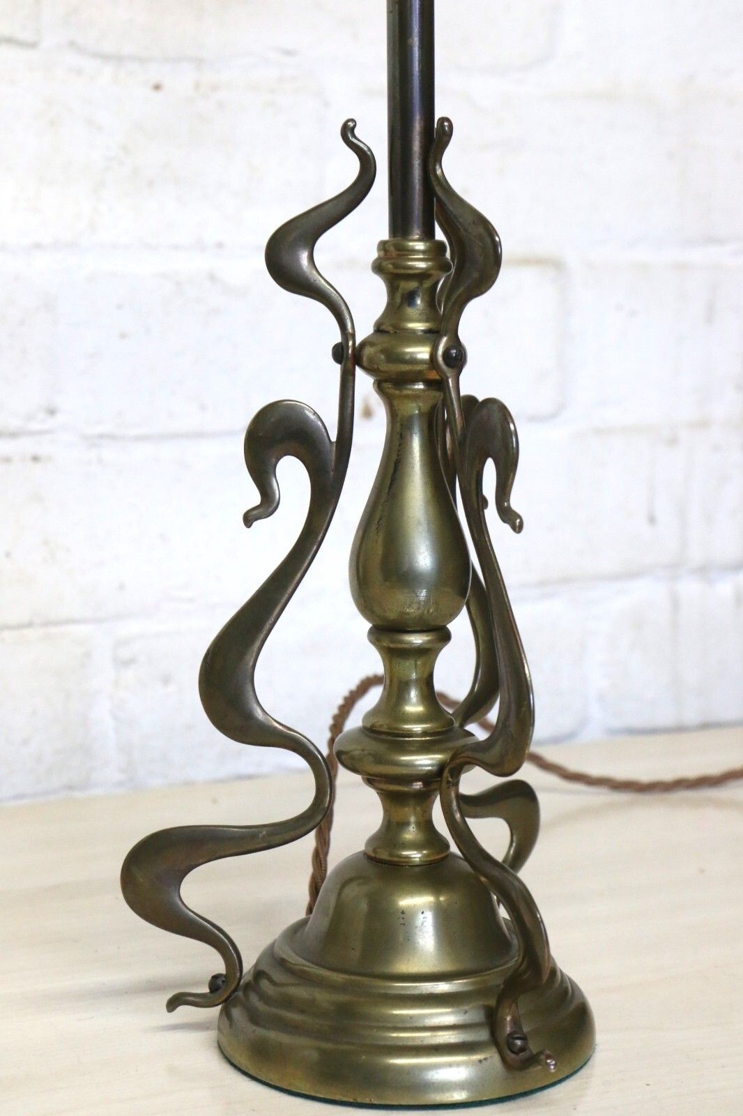photo for sale Table Lamp Art Nouveau Antique Lamp Brass With Period Shade Amber Rim And Etched