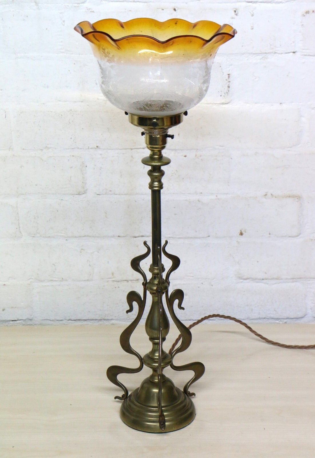 photo vinterior Table Lamp Art Nouveau Antique Lamp Brass With Period Shade Amber Rim And Etched