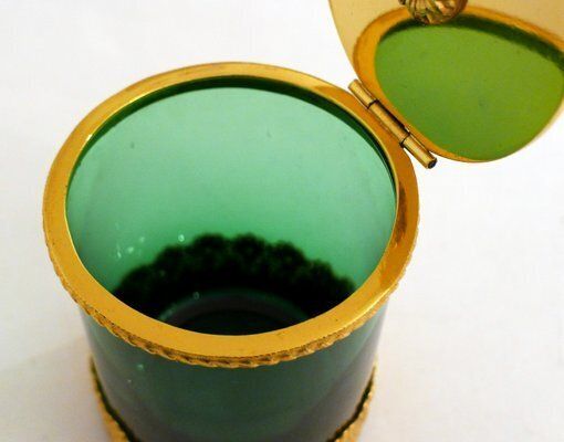 Small Toilet Pot In Green Glass & Gold Metal, Flower & Openwork Lace Decor, 1950s photo furniture