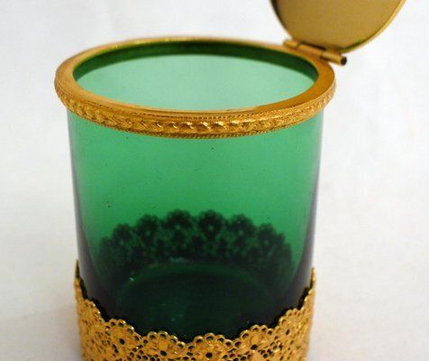 Small Toilet Pot In Green Glass & Gold Metal, Flower & Openwork Lace Decor, 1950s photo for sale