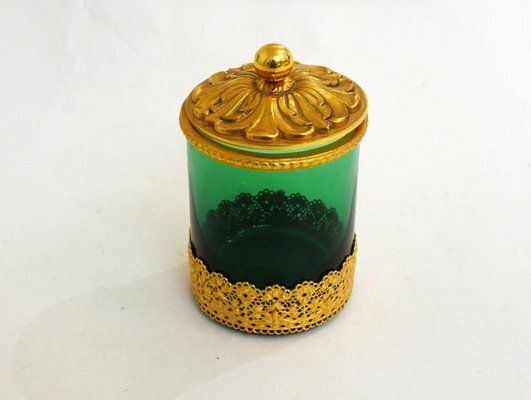 Small Toilet Pot In Green Glass & Gold Metal, Flower & Openwork Lace Decor, 1950s