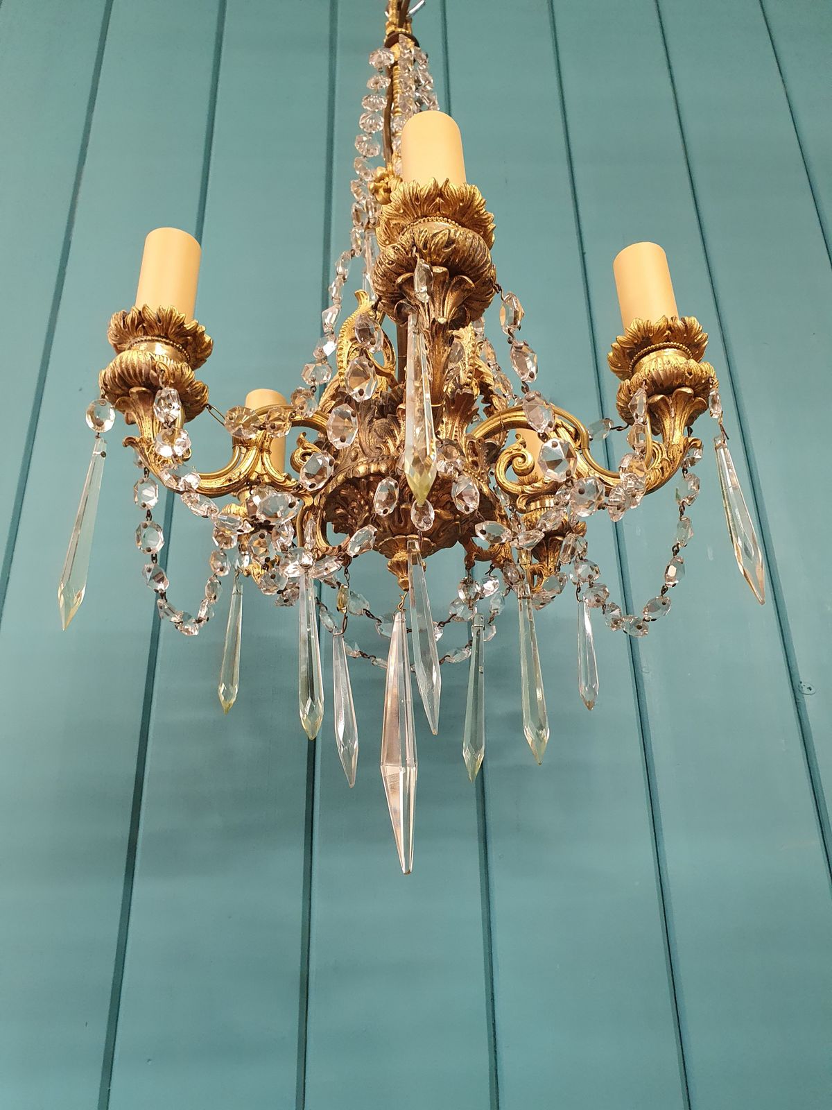 Early 20th Century Small Five Arm Chandelier With Swag And Drips 12" photo vintage