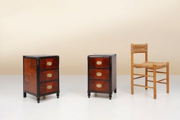 Art Deco Nightstands In Burl Veneer, Oak And Copper, France, 1910s, Set Of 2 photo 3344.0