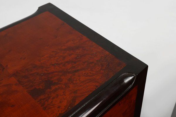 photo for sale Art Deco Nightstands In Burl Veneer, Oak And Copper, France, 1910s, Set Of 2