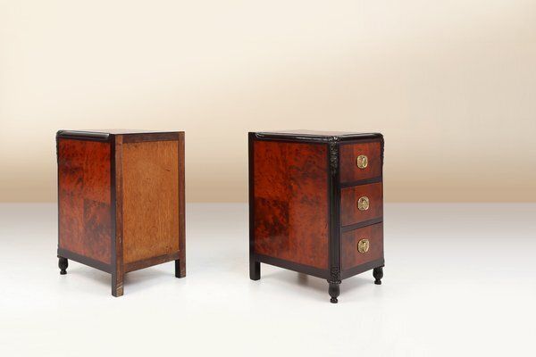 3344.0 Art Deco Nightstands In Burl Veneer, Oak And Copper, France, 1910s, Set Of 2 photo