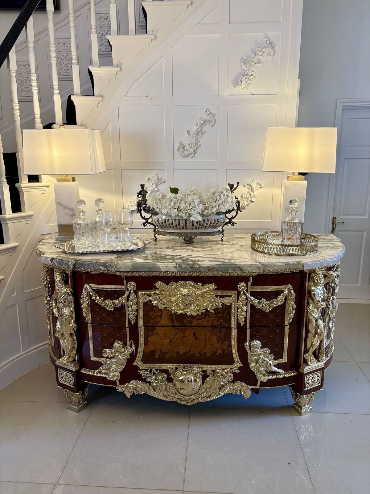 Antique Rare Fine Pair Of French Marquetry And Gilt Bronze Mounted Commodes In The Louis XVI Style, After Jean Henri Riesener photo furniture