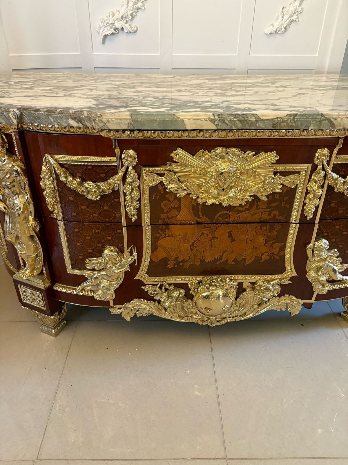 Furniture Antique Rare Fine Pair Of French Marquetry And Gilt Bronze Mounted Commodes In The Louis XVI Style, After Jean Henri Riesener photo