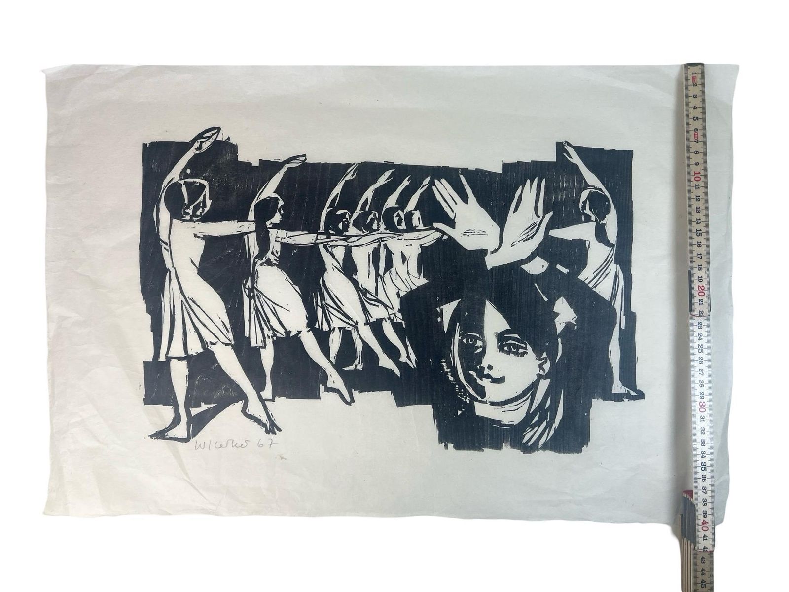 Mid Century '67 Woodcut Print Signed By Artist, Modern Folk Decor, Print Of Ballet Dancers, Modern Dance Art, Modern Dance Art Original photo for sale
