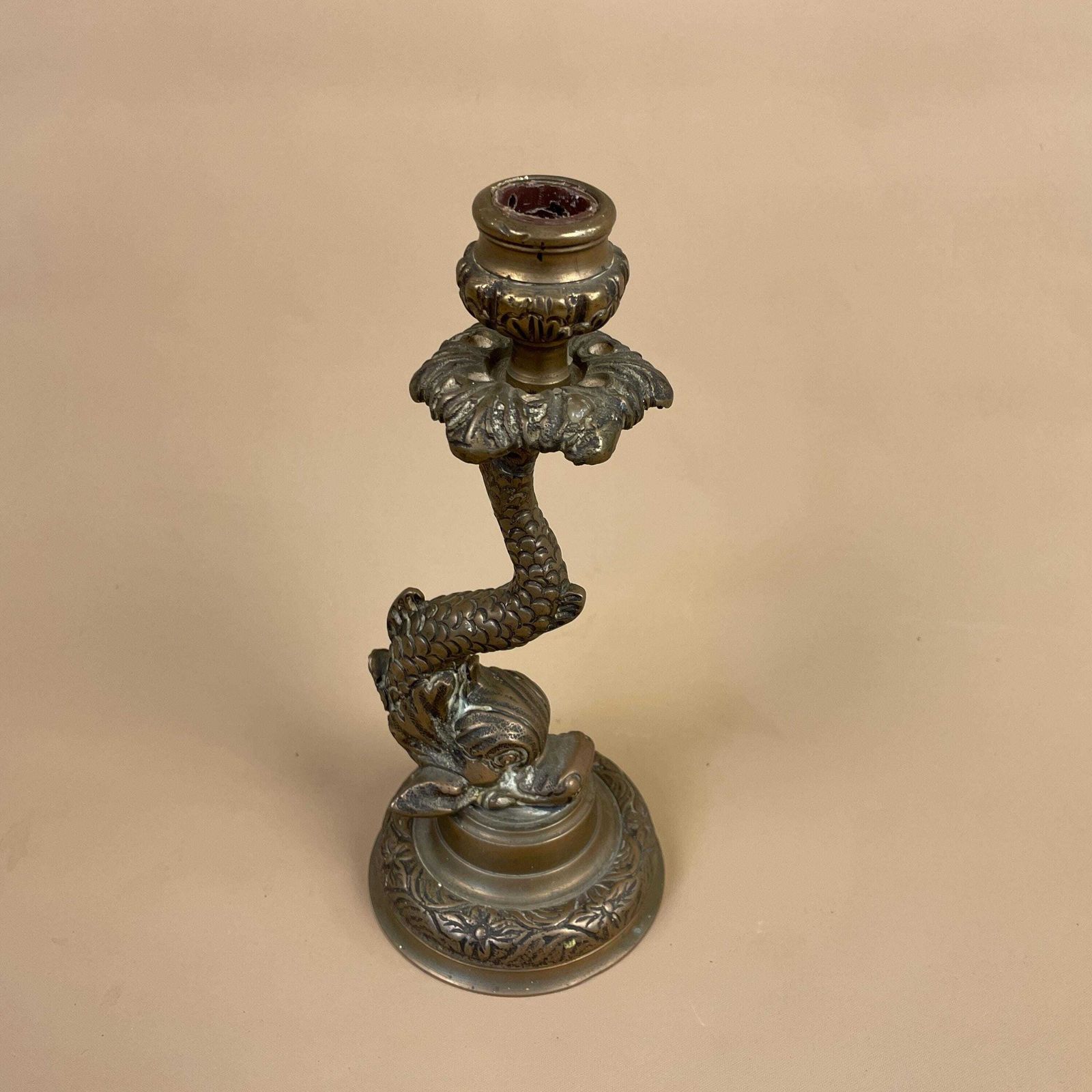 Antique Brass Gold Metal Fish Candlestick Table Candle Stick Detailed Dinner Round Base Vintage
