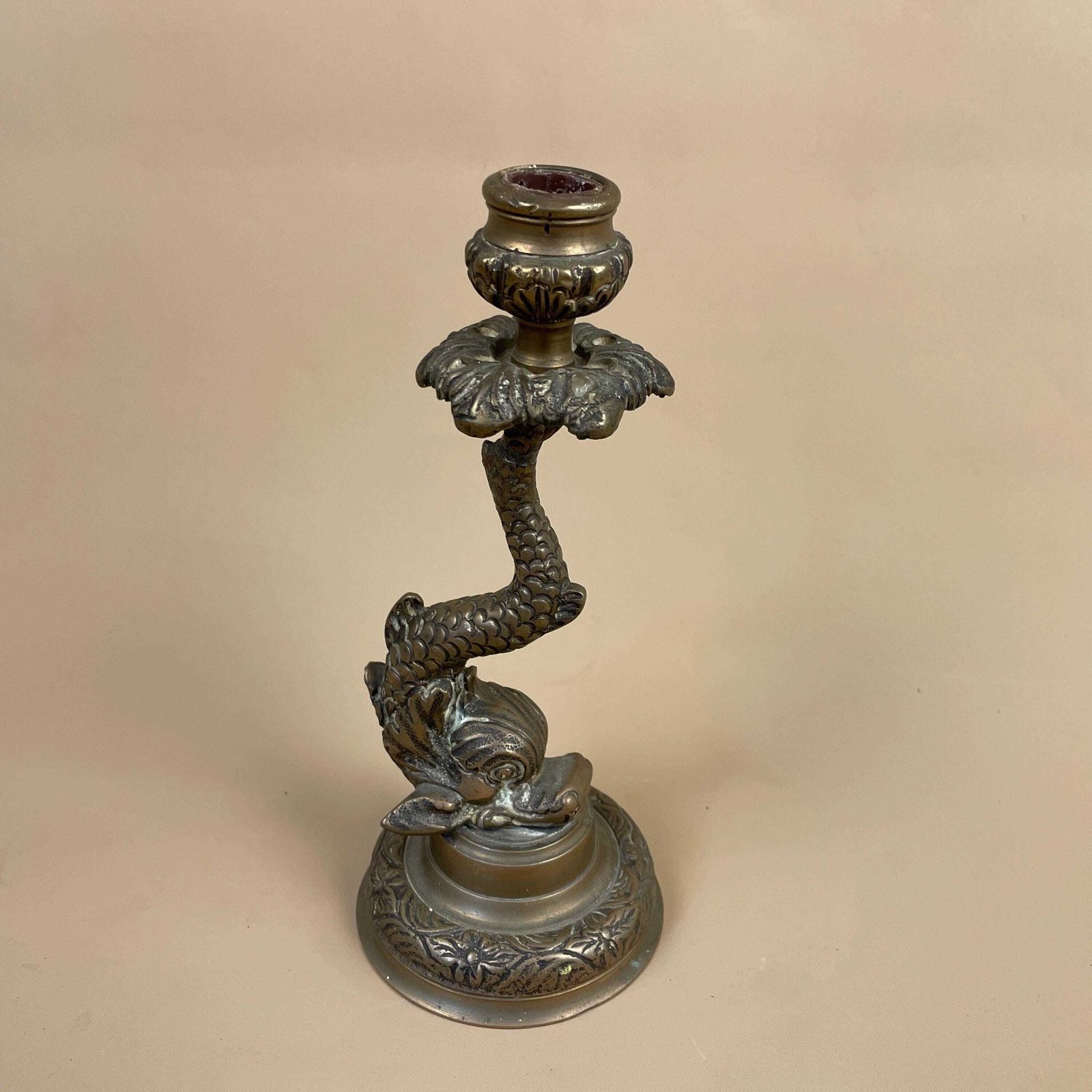 Antique Brass Gold Metal Fish Candlestick Table Candle Stick Detailed Dinner Round Base Vintage photo furniture