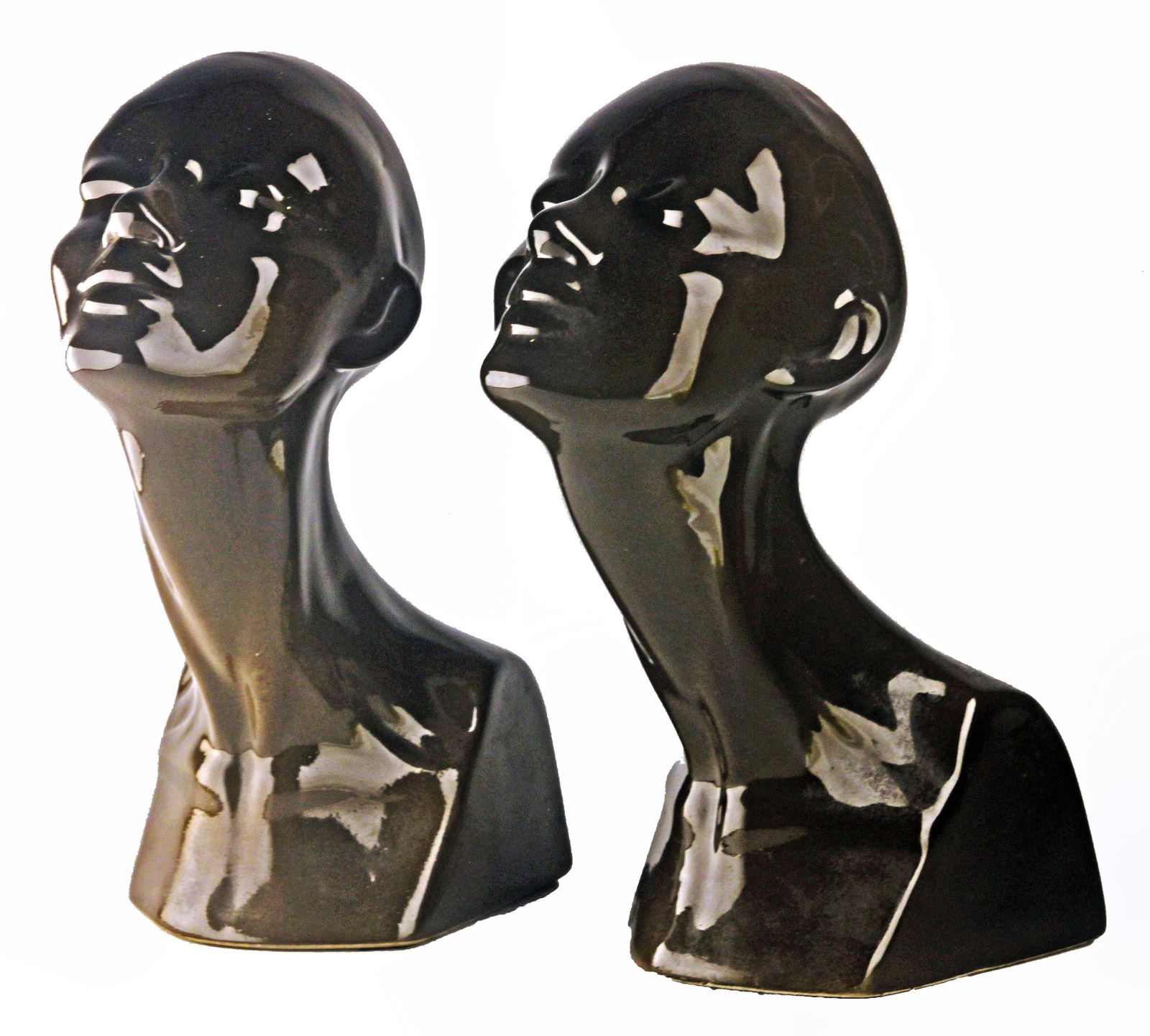 Pair Of Late 20th Century French Enameled Glazed Black Ceramic Women Busts/Heads photo buy