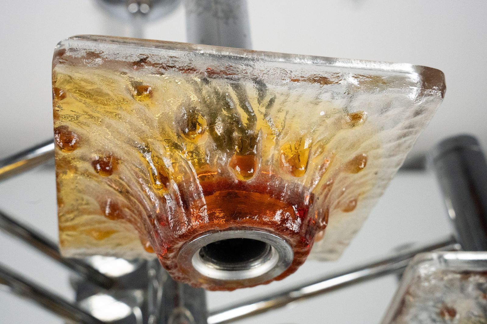 12 Light Mazzega Chandelier In Amber And Clear Murano Glass And Chrome. Italy 1970s photo buy