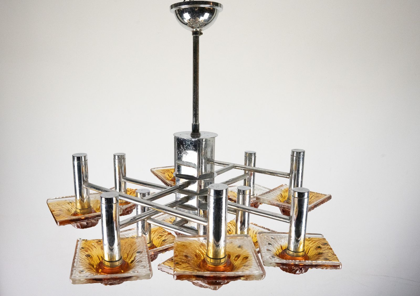 12 Light Mazzega Chandelier In Amber And Clear Murano Glass And Chrome. Italy 1970s photo vintage
