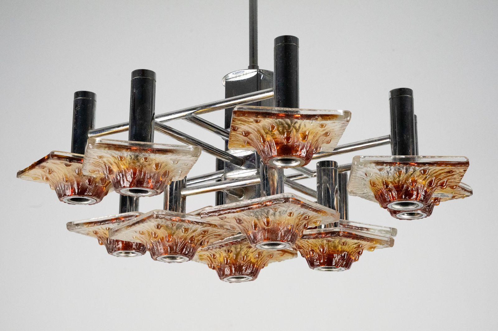 photo for sale 12 Light Mazzega Chandelier In Amber And Clear Murano Glass And Chrome. Italy 1970s