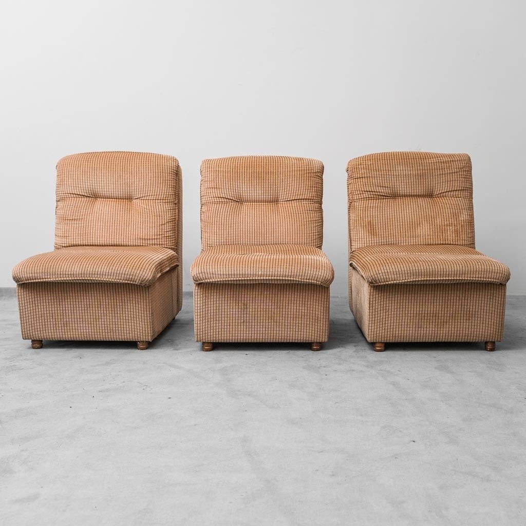 Set Of 3 Modular Armchairs In Beige Checked Fabric From The 70s, Vintage Modernism photo buy