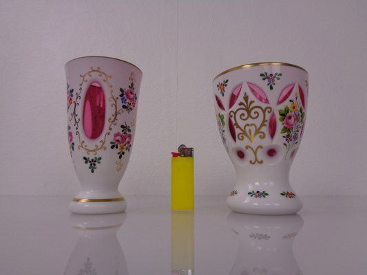 Czechoslovakian Hand Painted Bohemian Glass Vases, 1890s, Set Of 2 photo buy