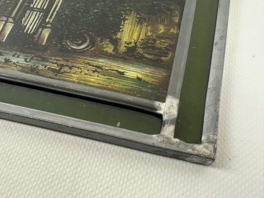 German Hand Painted Stained Glass Hanging Window Panel With Narrenmühle, 20th Century photo 379.0