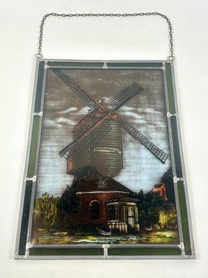 German Hand Painted Stained Glass Hanging Window Panel With Narrenmühle, 20th Century photo buy