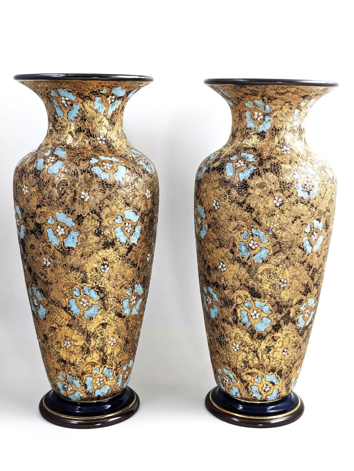 Royal Doulton Lambeth Slater’s Patent Pair Vases, Enamel Floral, C. 1910, 40 Cm photo 1200.0