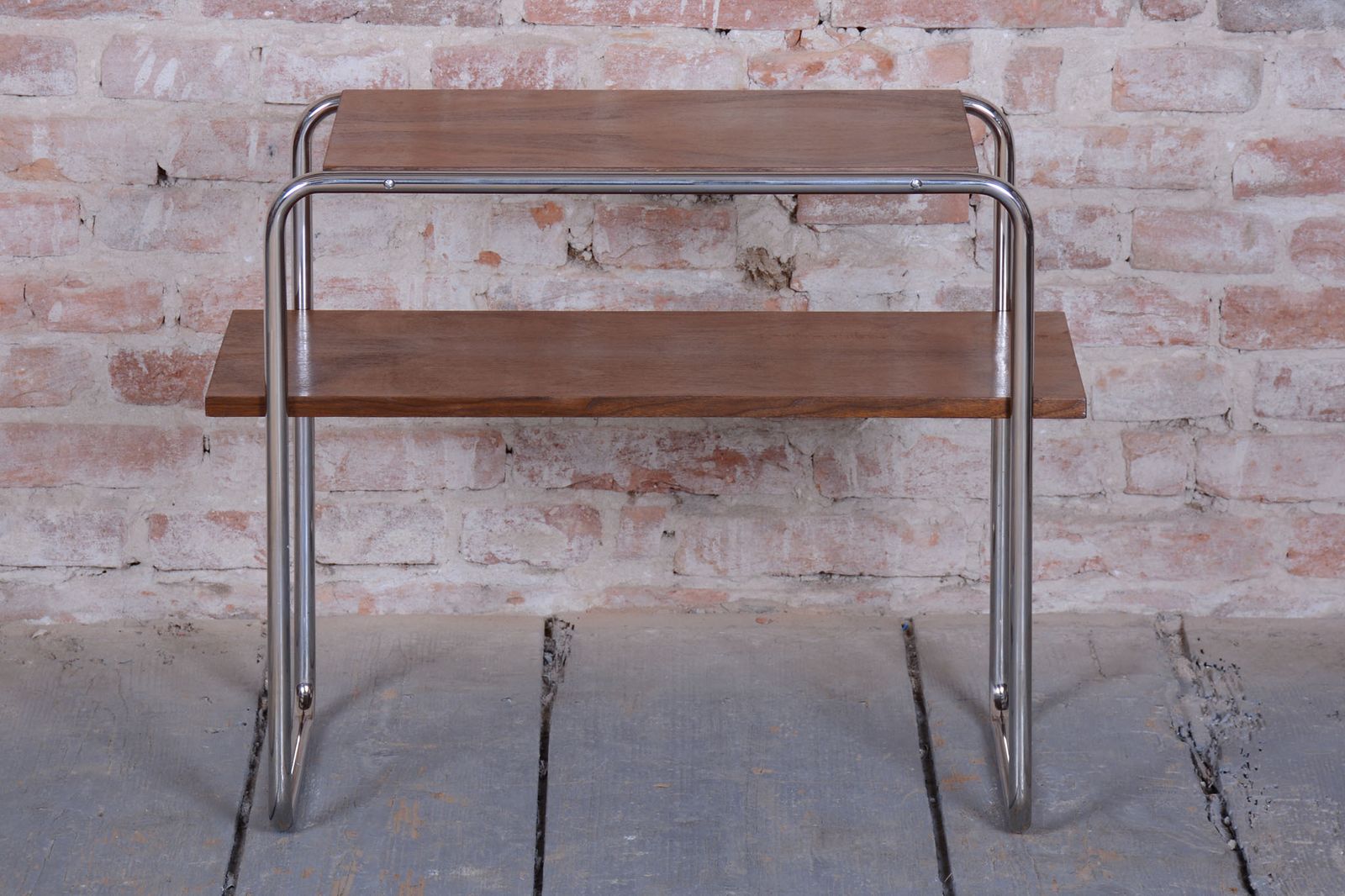 Restored Bauhaus Side Table, Walnut, Chrome Plated Steel, Polish, Czech, 1930s photo for sale