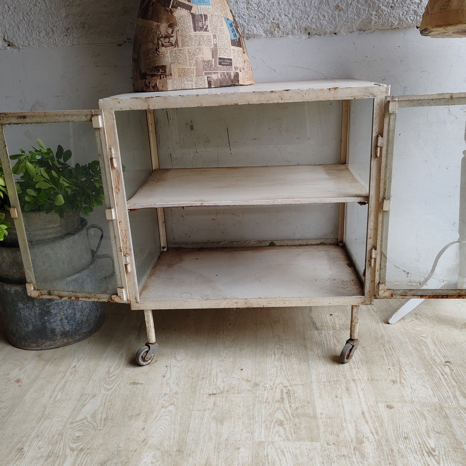 1920s Central European Medical Cabinet – Metal & Glass, Strong Casters, Rare photo vinterior
