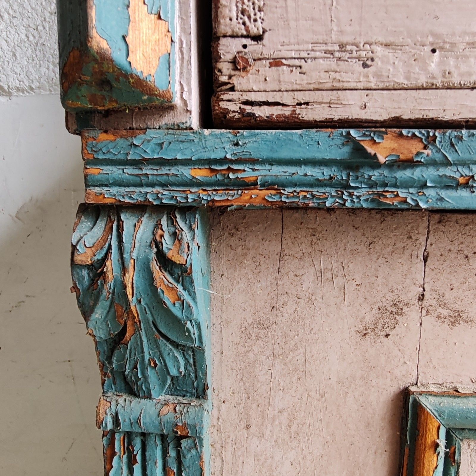 Unique C1890 French Handmade Dresser – Ornate Carvings, Rustic Pink & Blue photo vinterior