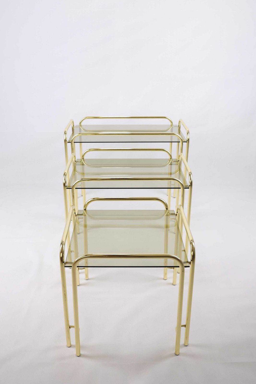 Vintage Mid Century Nesting Tables Set | Brass Frame And Smoked Glass Top | Retro Stackable Side Tables | Gold Accent Tables For Home Décor photo buy
