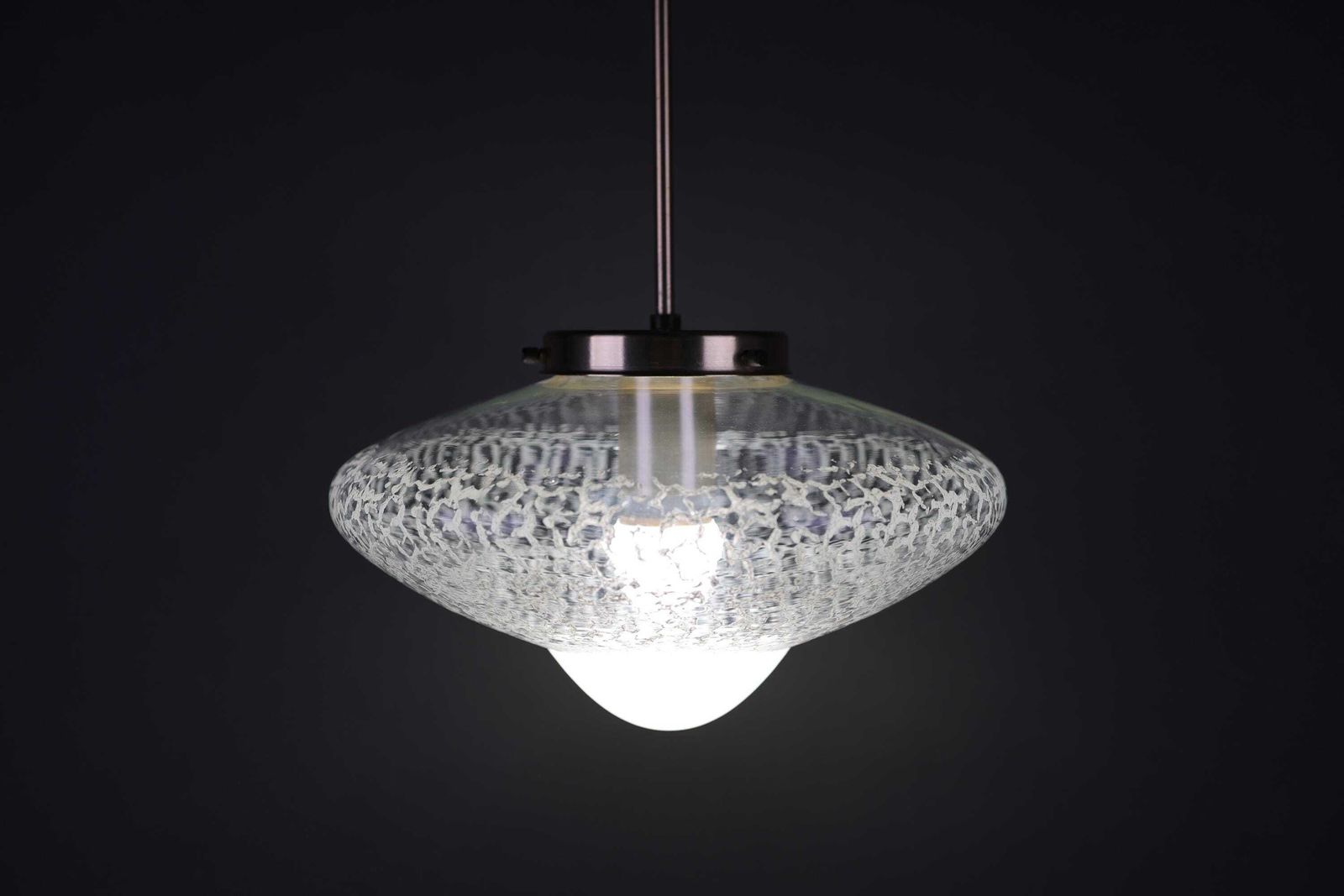 Vintage 1970s Glass Pendant Light | Mid Century Ceiling Lamp | Textured Glass Ufo Light Fixture photo vinterior