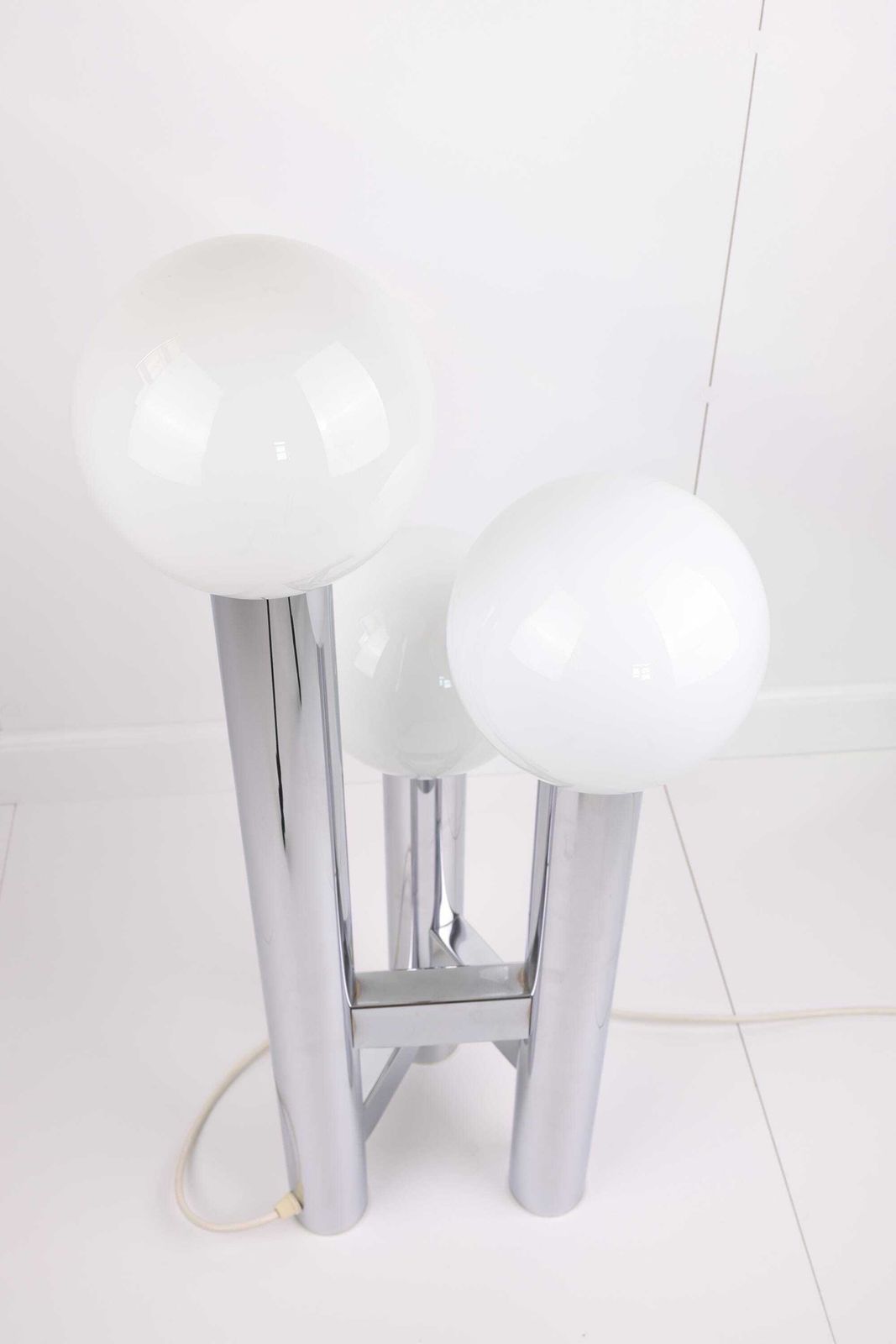 Unique Vintage German Mid Century Modern Table Lamp | 1970s Space Age Chrome Desk Lamp | Retro Globe Lamp With Three Opal Glass Spheres photo buy